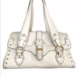 Michael Kors White Leather Shoulder Bag With Gold Metal Accents